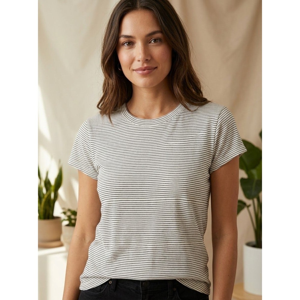 Relaxed Striped Current Elliott White Black Cotton Tee Size 2 Medium